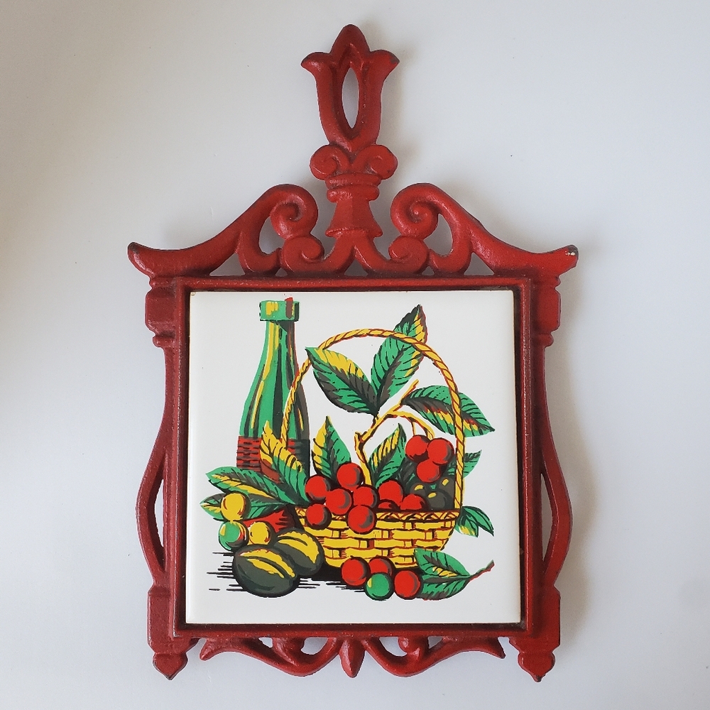 Vintage Cherry Japan Cast Iron Ceramic Tile Trivet Red Fruit Basket MCM